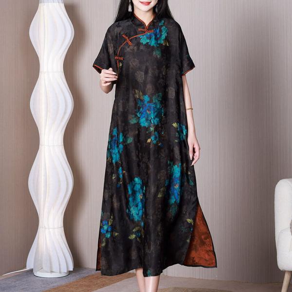 Eastern Style Blue Flowers Qipao Mulberry Silk Black Cheongsam