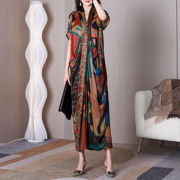 Abstract Patterned Front Cross Dress Silk Maxi Wrap Dress