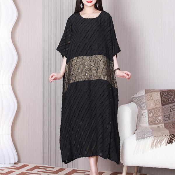 Gold Striped Tassel Black Dress Plus Size Modest Caftan