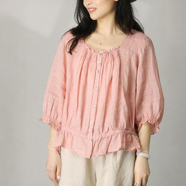 Baby Pink Wrap Blouse Ramie Drawstring Blouse