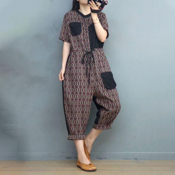 Folk Patterned Tied Jumpsuits Denim Patchwork Flax Casual Jumpsuits