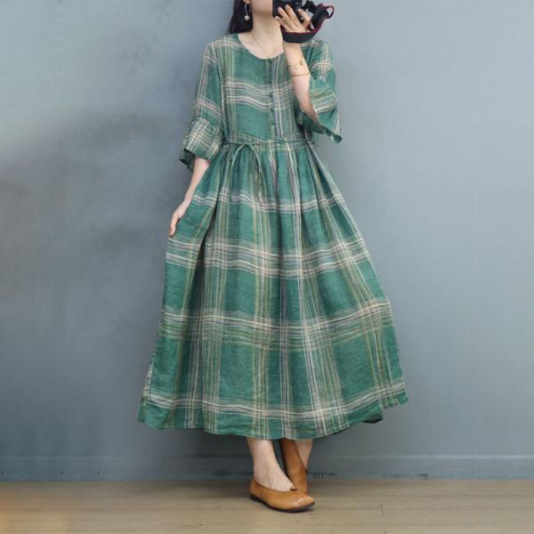 Tied Waist Green Tartan Dress Loose Ramie Hawaii Wear