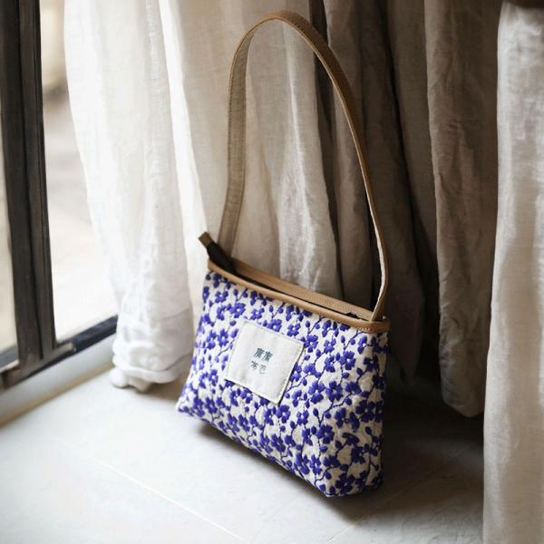 Purple Floral Embroidery Bag Chunky Linen Shoulder Bag