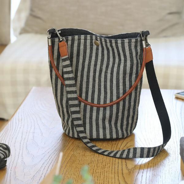 Gray Vertical Striped Bucket Bag Casual Cotton Linen Bag