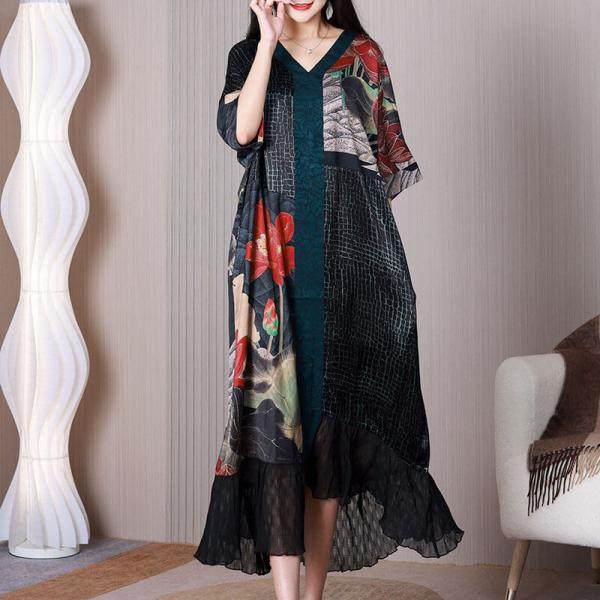 Red Lotus Mulberry Silk Fishtail Dress Loose Black Concert Dress