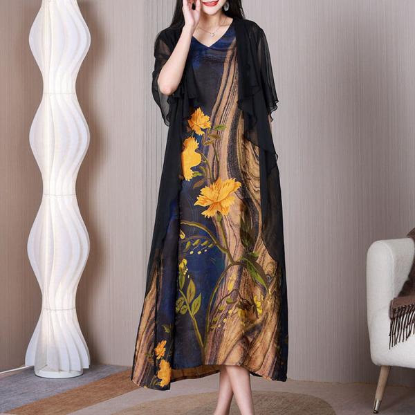 Yellow Flowers Blue Dress Silk Butterfly Sleeves Dress