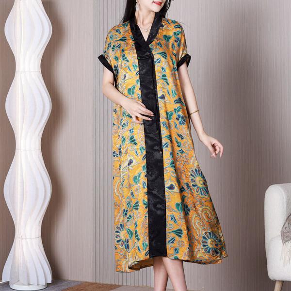 Eastern Fashion Blue Printed Dress Black Ribbon Yellow Dress