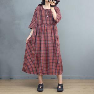 Empire Waist Green Gingham Dress Cotton Linen Preppy Plaid Dress