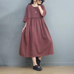 Empire Waist Green Gingham Dress Cotton Linen Preppy Plaid Dress