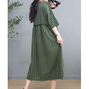 Empire Waist Green Gingham Dress Cotton Linen Preppy Plaid Dress