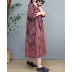 Empire Waist Green Gingham Dress Cotton Linen Preppy Plaid Dress