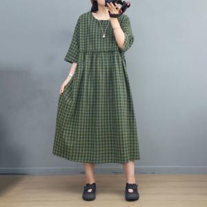 Empire Waist Green Gingham Dress Cotton Linen Preppy Plaid Dress