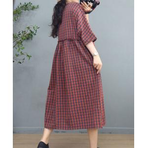 Empire Waist Green Gingham Dress Cotton Linen Preppy Plaid Dress