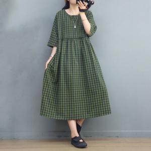 Empire Waist Green Gingham Dress Cotton Linen Preppy Plaid Dress