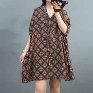 Cotton Linen Cape Dress Plus Size Ribbon Patterned Tunic