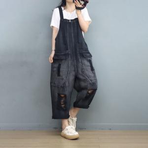 Front Vertical Pockets Ripped Overalls Black Gardening Outfits