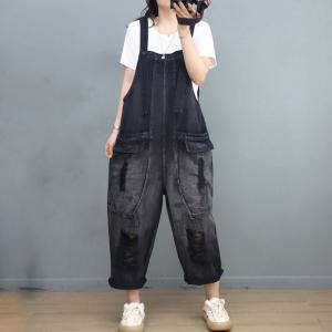 Front Vertical Pockets Ripped Overalls Black Gardening Outfits