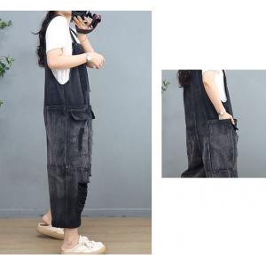 Front Vertical Pockets Ripped Overalls Black Gardening Outfits