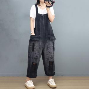 Front Vertical Pockets Ripped Overalls Black Gardening Outfits