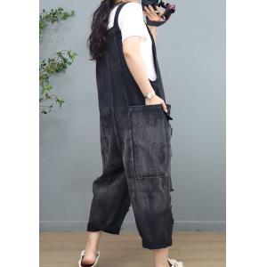 Front Vertical Pockets Ripped Overalls Black Gardening Outfits