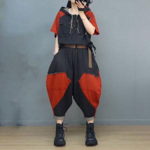 Contrast Colors Denim Hoodie with Balloon Leg Cropped Pants