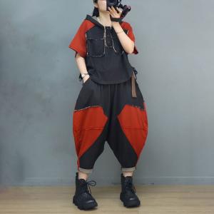 Contrast Colors Denim Hoodie with Balloon Leg Cropped Pants