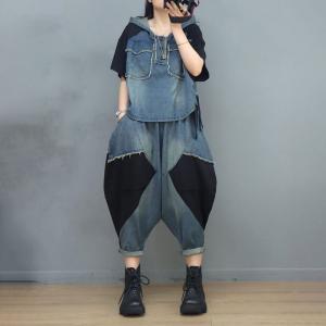 Contrast Colors Denim Hoodie with Balloon Leg Cropped Pants