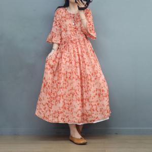 Ruffle Sleeves Ramie Coral Dress Loose Tied Floral Dress