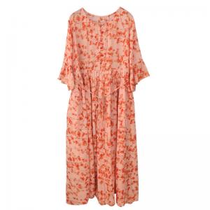 Ruffle Sleeves Ramie Coral Dress Loose Tied Floral Dress