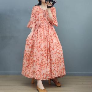 Ruffle Sleeves Ramie Coral Dress Loose Tied Floral Dress