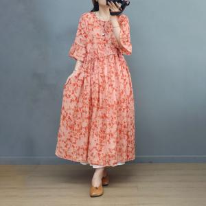 Ruffle Sleeves Ramie Coral Dress Loose Tied Floral Dress