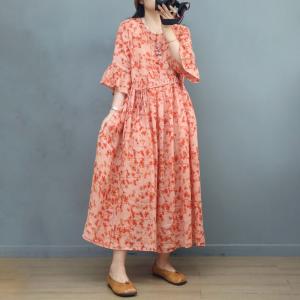 Ruffle Sleeves Ramie Coral Dress Loose Tied Floral Dress