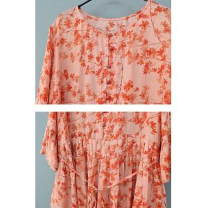 Ruffle Sleeves Ramie Coral Dress Loose Tied Floral Dress