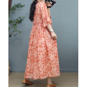 Ruffle Sleeves Ramie Coral Dress Loose Tied Floral Dress