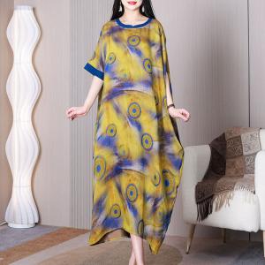 Abstract Dotted Moroccan Dress Plus Size Yellow Caftan