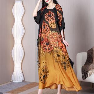 Oriental Patterned Flouncing Dress Silky Cruise Frock