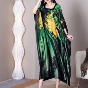 Heavy Silk Plus Size Caftan Tropical Printed Dolman Dress