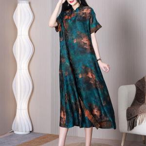 Mandarin Collar Blue Qipao Ribbon Printed Modern Cheongsam