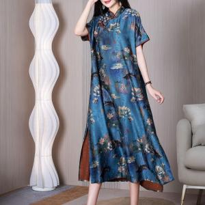 Lotus Painted Side Slit Dress Short Sleeves Blue Cheongsam