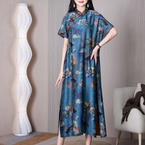 Lotus Painted Side Slit Dress Short Sleeves Blue Cheongsam