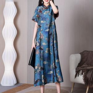 Lotus Painted Side Slit Dress Short Sleeves Blue Cheongsam