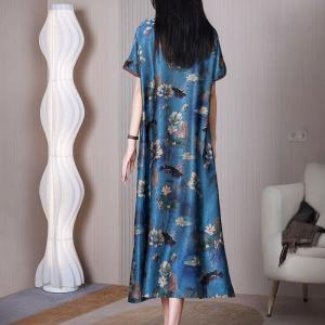 Lotus Painted Side Slit Dress Short Sleeves Blue Cheongsam