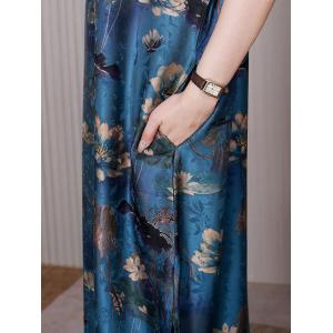 Lotus Painted Side Slit Dress Short Sleeves Blue Cheongsam