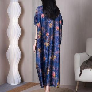 Colorful Lotus Short Sleeves Dress Silk Qipao Cheongsam