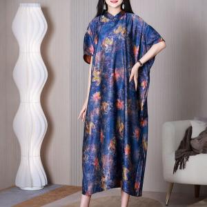 Colorful Lotus Short Sleeves Dress Silk Qipao Cheongsam