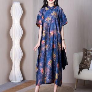 Colorful Lotus Short Sleeves Dress Silk Qipao Cheongsam