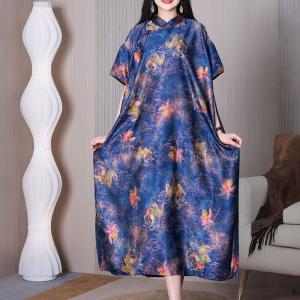 Colorful Lotus Short Sleeves Dress Silk Qipao Cheongsam