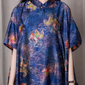 Colorful Lotus Short Sleeves Dress Silk Qipao Cheongsam