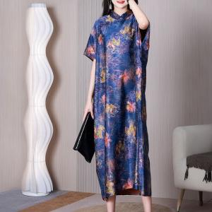 Colorful Lotus Short Sleeves Dress Silk Qipao Cheongsam