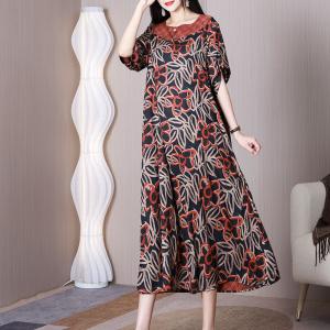 Artistic Flowers Midi Jacquard Dress Silky Resort Outfits